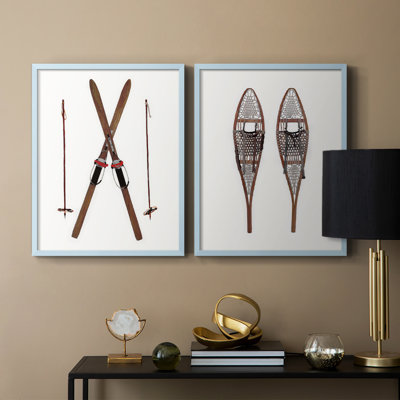 Skis rétro - reproduction encadrée de qualité supérieure - prêt à être accroché - aucun clou requis - aucun clou requis