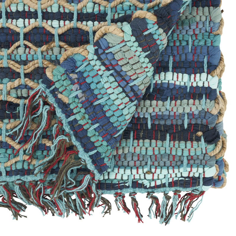 Handwoven Blue and Beige Chindi Table Runner, 16"x72"