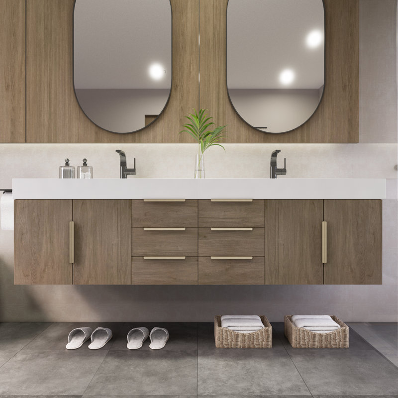 Meuble-lavabo mural double 70,8 po avec plateau en acrylique renforcé Laramie, Chêne clair