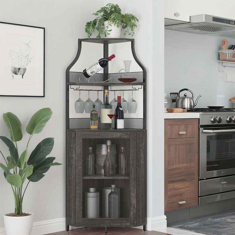 Bar rustique à 5 niveaux avec porte verrouillable, support en verre et tablettes réglables pour la salle à manger, Gris foncé