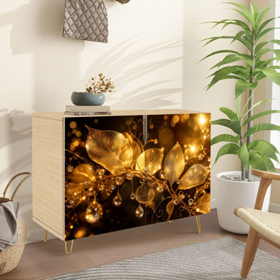 Buffet Buffet avec rangement Élégant motif floral abstrait doré à feuilles brillantes avec 2 portes pour le salon et la cuisine