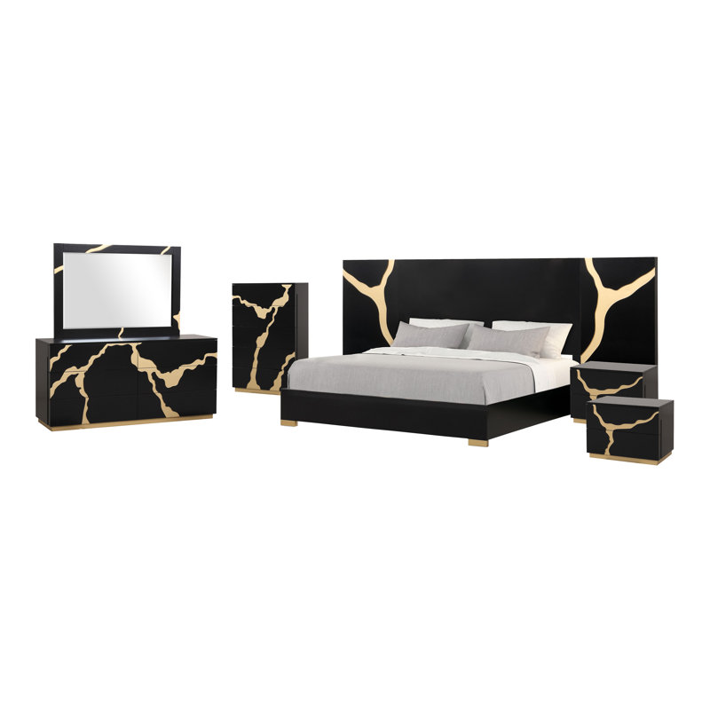 Ensemble de chambre à coucher 6 pièces Heckstall, 6 Pcs: Bed, 2 Nightstands, Dresser, Chest, Mirror, Grand