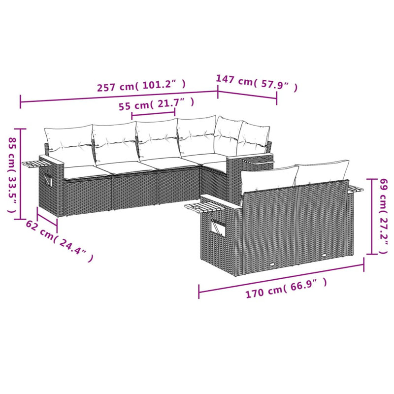  Ensemble de canapé de jardin en rotin PE grand et pieds réglables