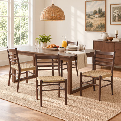 Chaise d'appoint moderne du milieu du siècle en bois massif, chaise de salle à manger à dossier échelle, avec assise tissée (ensemble de 4)