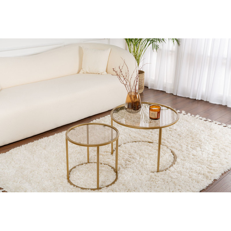 Modern Coffee Table Set (2 Pieces), Gold & Bronze, Large: 23.6 x 16.9 x 23.6 inches, Small: 16.5 x 15.4 x 16.5 inches | 100% Tempered Glass Top (0.2 in) & 100% Metal Frame (0.06 in) | Glamorous Design for Stylish Living Rooms