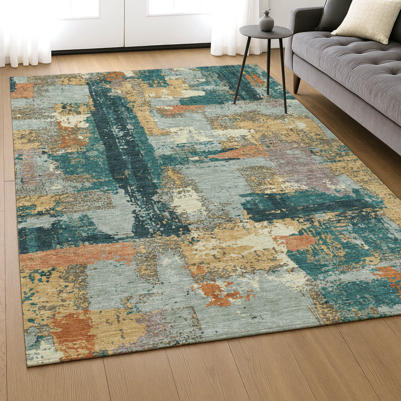 Tapis abstrait lavable à la machine de qualité supérieure Mayfield AMF2212, Écume de mer, écume de mer, 5 pi x 7 pi 6 po
