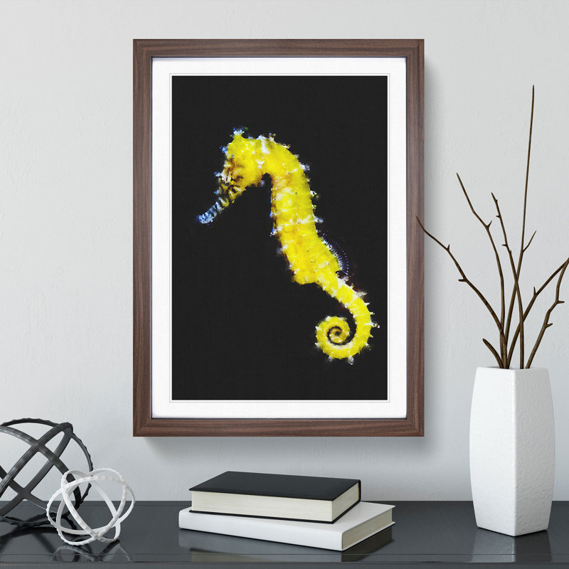 Yellow Seahorse - Picture Frame Graphic Art, Walnut Framed, 36cm H x 27cm W x 2cm D