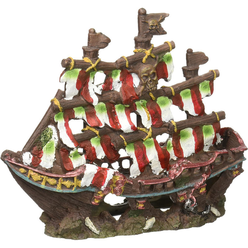 Shipwrecked Striped Pirate Sailboat - Aquarium Decoration Ornament