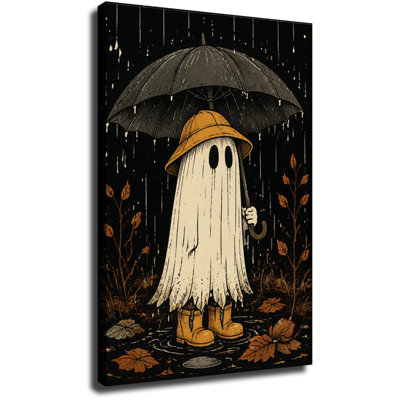 Fantôme portant un chapeau de pluie et des bottes tenant un parapluie sous la pluie d'automne, toile murale sombre pour l'Halloween