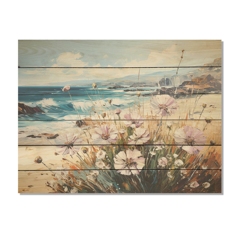 Bleuet sur la plage - Art mural en bois sur bois de pin naturel, H 24 po x l 32 po