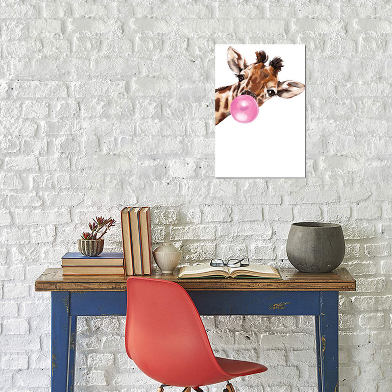 Sneaky Giraffe Blowing Bubble Gum by Big Nose Work - Print on Canvas, 20.32 cm H x 30.48 cm W, No Frame