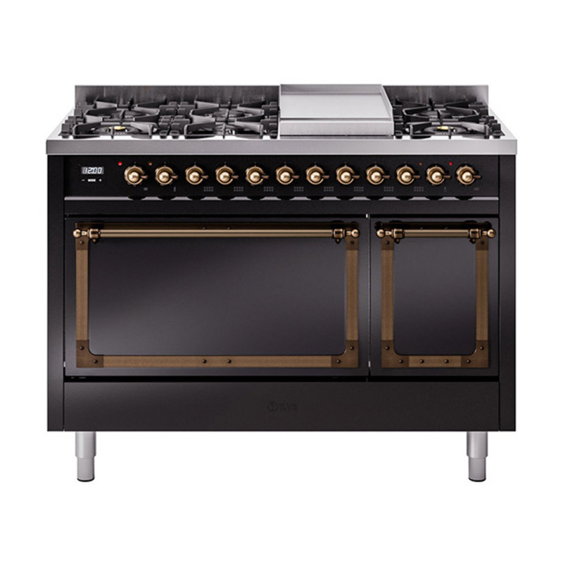 ILVE Nostalgie II Noblesse 48 in Dual Fuel Range, 8 Burner, Griddle, Natural Gas, Glossy Black/Burnished