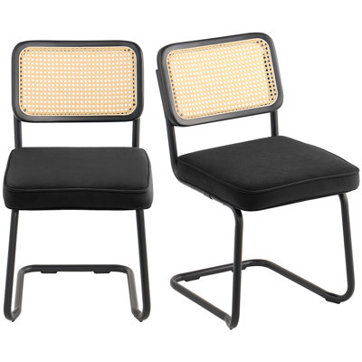 Ensemble de 2 chaises de salle à manger en rotin, chaise de salle à manger moderne de style Mid-Century, chaise d'appoint rembourrée en velours avec dossier en rotin, chaise de salle à manger rétro pour salle de séjour, chambre à coucher, bureau (18,1 pouces)