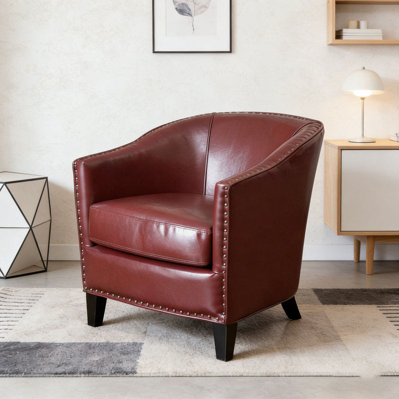 Fauteuil demi-tonneau rembourré à rayures, Polyuréthane rouge