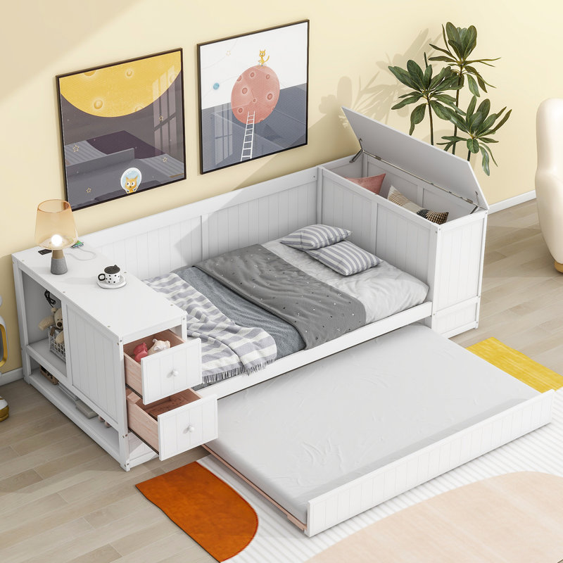 Twin Size Daybed With Storage Areas, Trundle & Electrical Charging Ports - White In Storage, Power Wood Frame, White