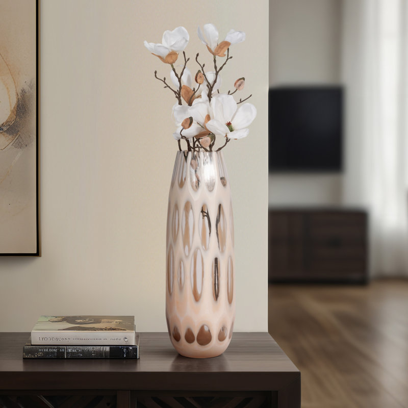Modern Glass Vase with Sculptural Oval Pattern Design for Home Table Decor - Decorative Tall Flower Vase Accent for Shelf, or Living Room Styling - Tan