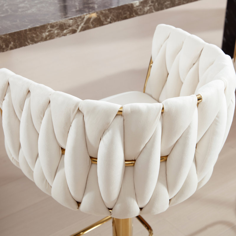 Swivel Adjustable Height Bar Stool with Woven Backs and Gold Base, Cream