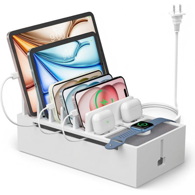Station de recharge en bambou pour appareils électroniques, organisateur pour téléphone et tablettes, montre intelligente, écouteurs, boîtier multiprise (chargeur USB à 5 ports inclus et 6 câbles), blanc