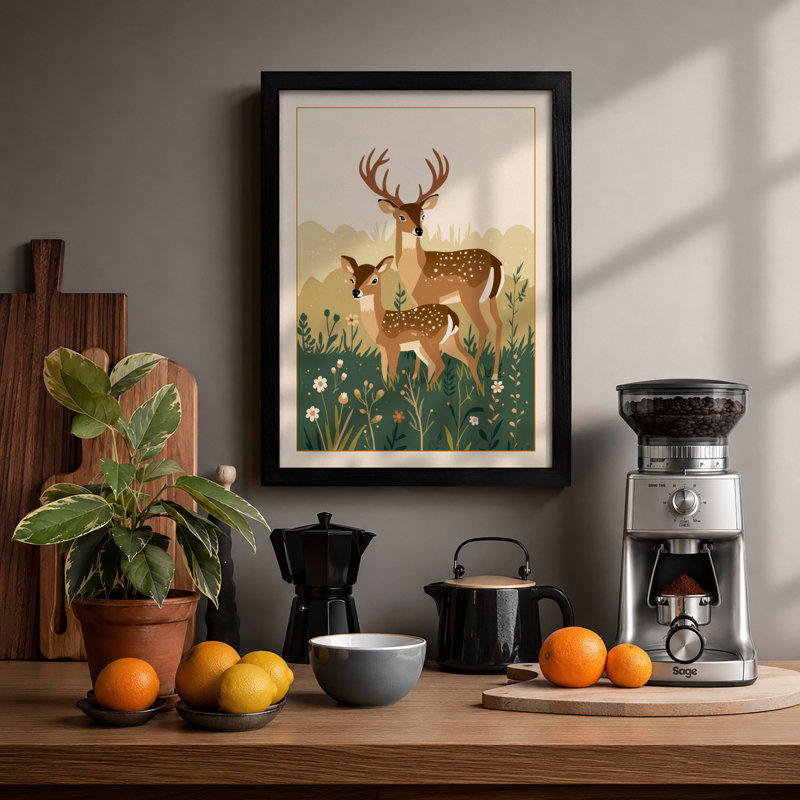 Deer and Fawn Mid-Century - Framed Print, A2 - 59.4 x 42.0 cm, Black