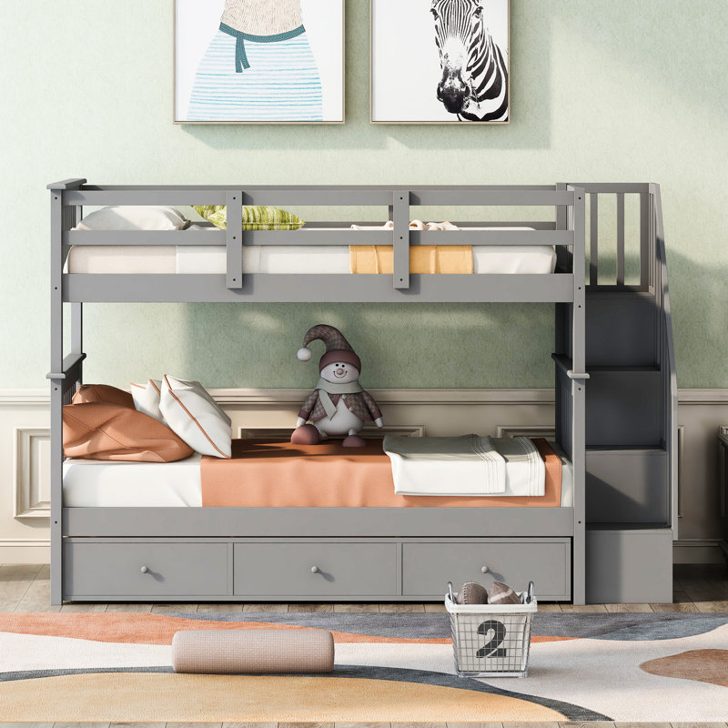 Lit superposé simple gris avec rangement pour escalier et trois tiroirs, pieds en pin à structure solide, caractéristiques pour le coloris de l'escalier au choix pour la chambre à coucher, fabrication en bois massif, aucun sommier requis, solution de dortoir