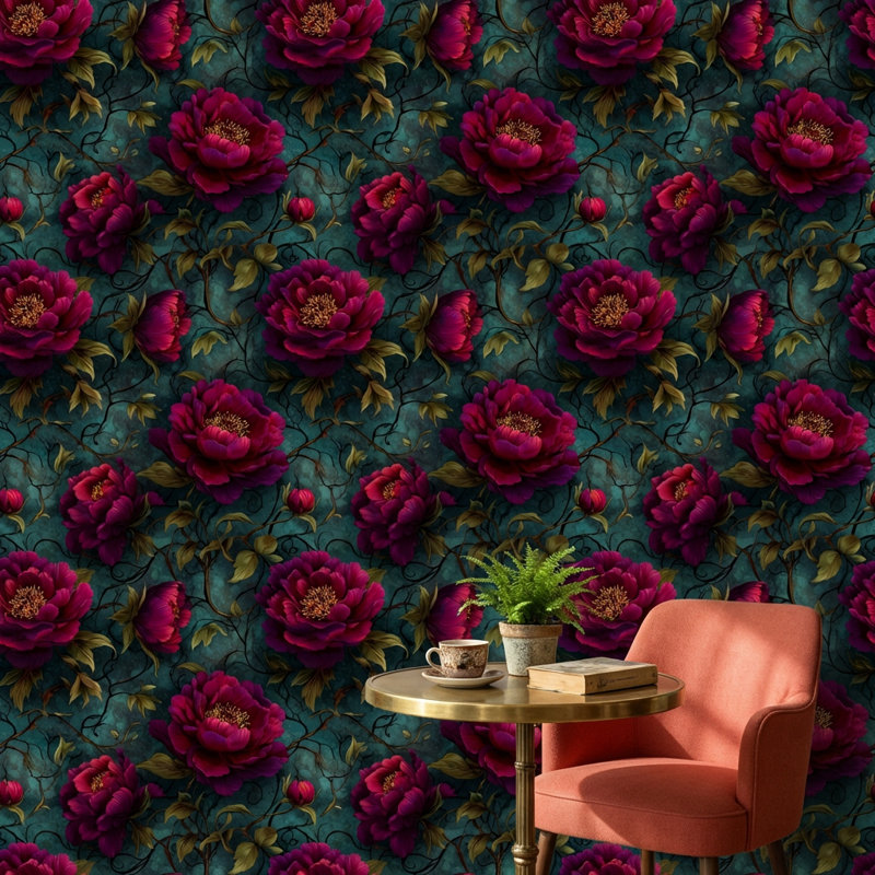 Papier peint floral, sarcelle, décoration murale rétro, Peler et coller