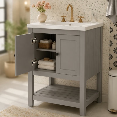 Lavabo de salle de bain moderne élégant en céramique 24 po avec tablette ouverte en bois massif
