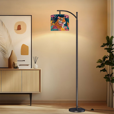Tiger Arc Floor Lamp with Adjustable Lampshade Tropical Tiger Vivid Floral Jungle Bright Colorful Standing Lamp 3 Color Temperatures Dimmable Tall Pole Lamp with Foot Switch for Bedroom