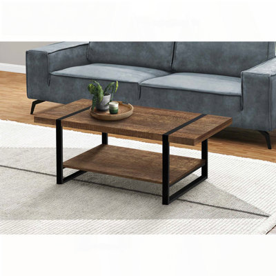 Table basse Industrial-Farmhouse rectangulaire avec tablette fixe - aspect bois récupéré brun