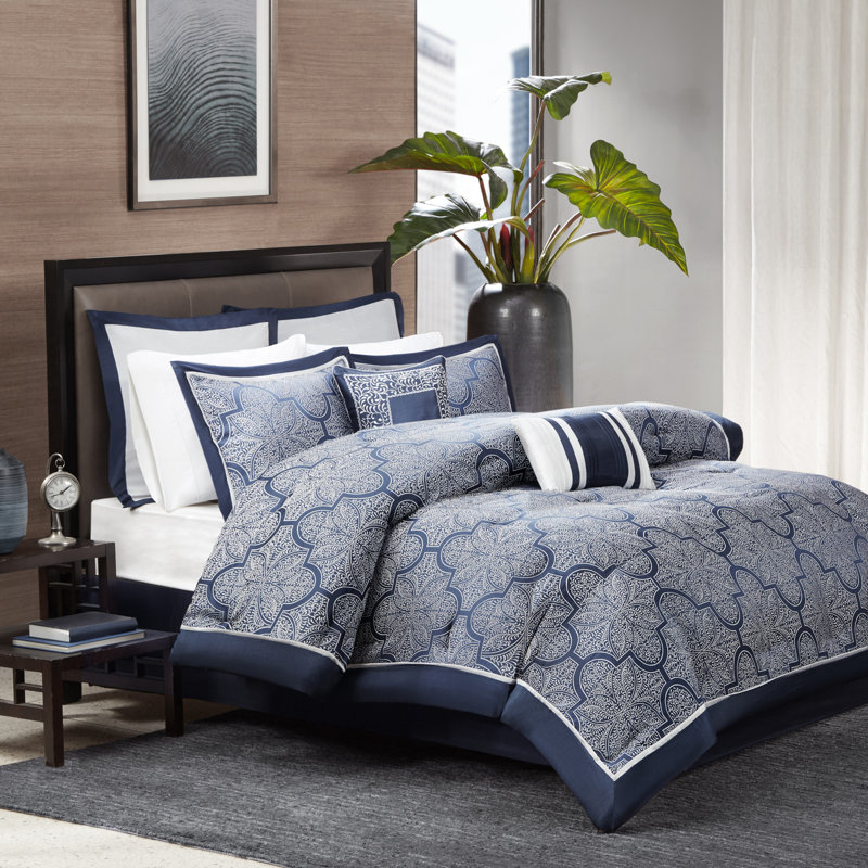 Navy Jacquard Microfiber California King Comforter Set