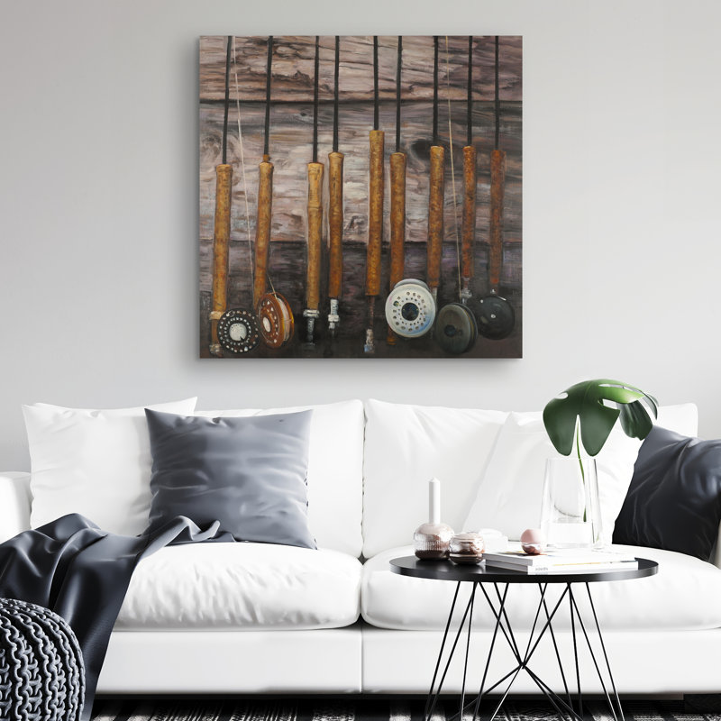 Fishing rods on wood - 32"x32" art on canvas
