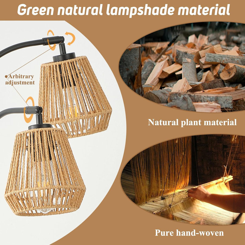 72" Rattan Arc Floor Lamp With Rotary Switch, Adjustable 3-Light Coastal/Boho/Farmhouse Style