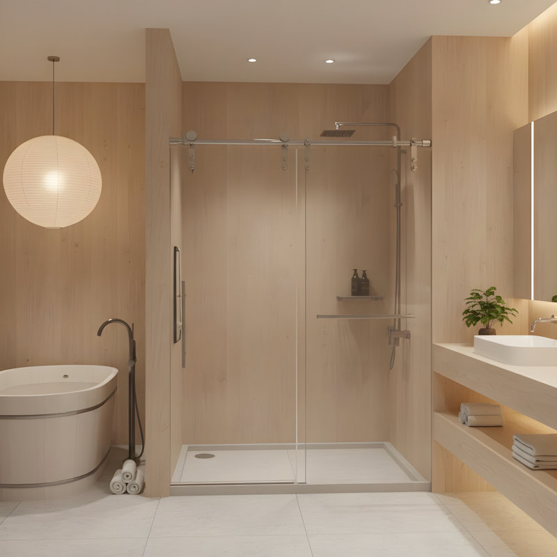 56-60" x 76" H Frameless Sliding Shower Door, 5/16" (8mm) Clear Tempered Glass, Stainless Steel Frame,Brushed Nickel