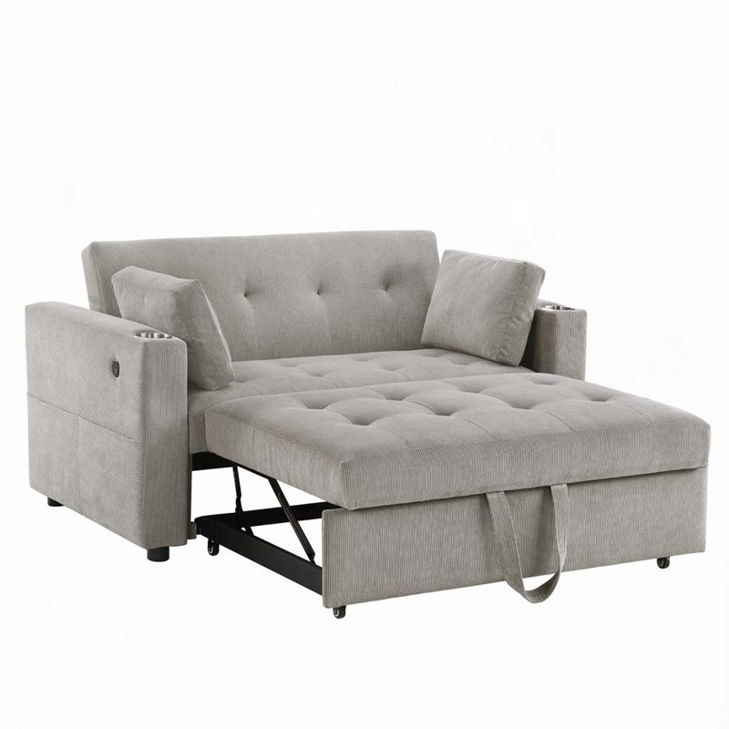 Causeuse convertible en velours côtelé avec porte-gobelets, ports USB, Gris
