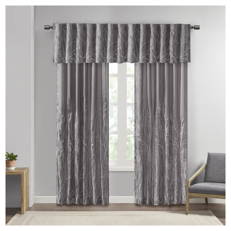 Grey Faux Silk Embroidered Window Valance with Rod Pocket and Back Tabs (50" W x 18" L)