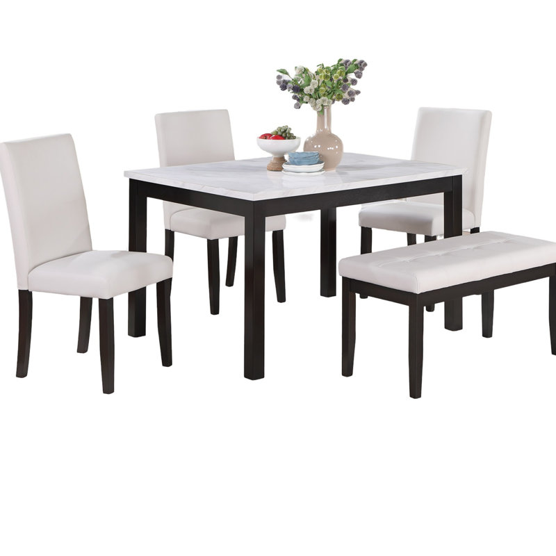  5 Piece Dining Set With Faux Marble Top, Bench And Padded Chairs-espresso + Rubber Wood + Contemporary + Modern + Transitional