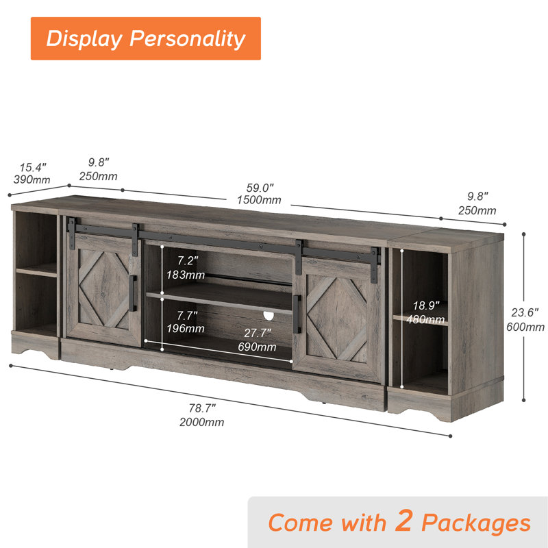 Laziza 78.7" W Wood TV Stand with Open Storage and Barn Doors , Gray