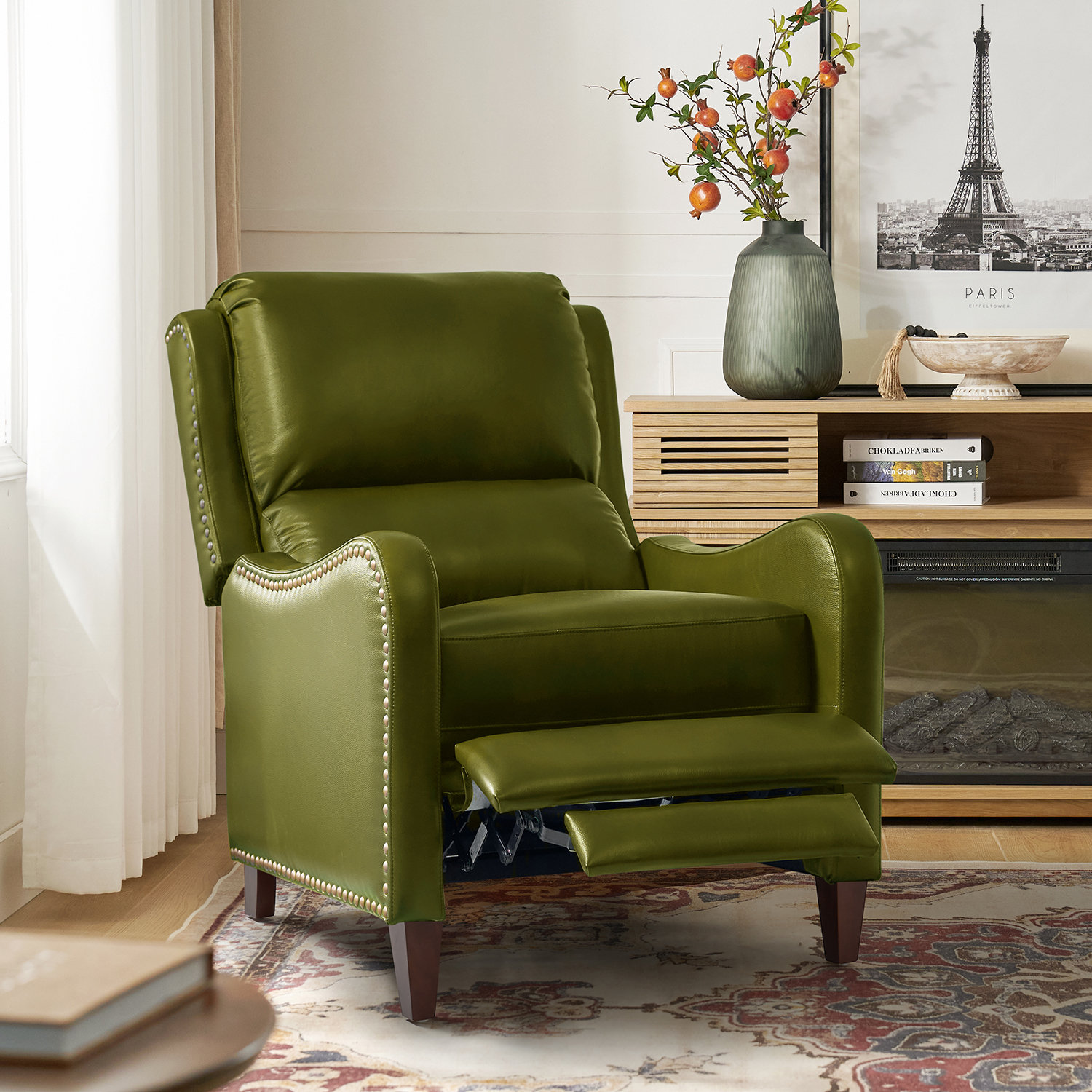Beecher 29" Genuine Leather Manual Recliner, Olive Top Grain Leather