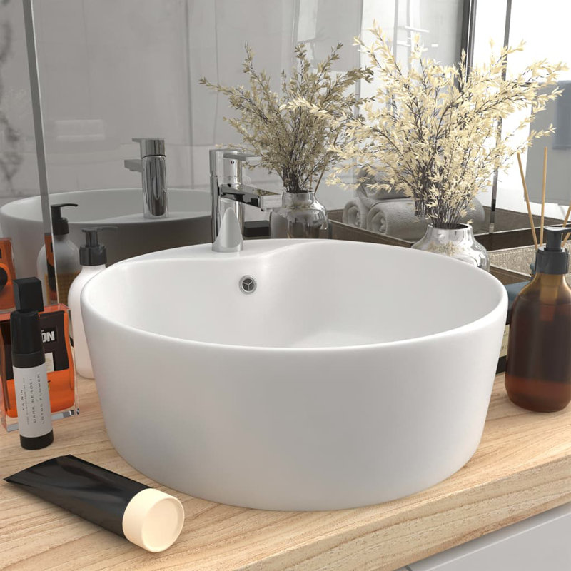 Belfry Bathroom Kyzer 360mm L x 360mm W Ceramic Circular Sink with Overflow, White