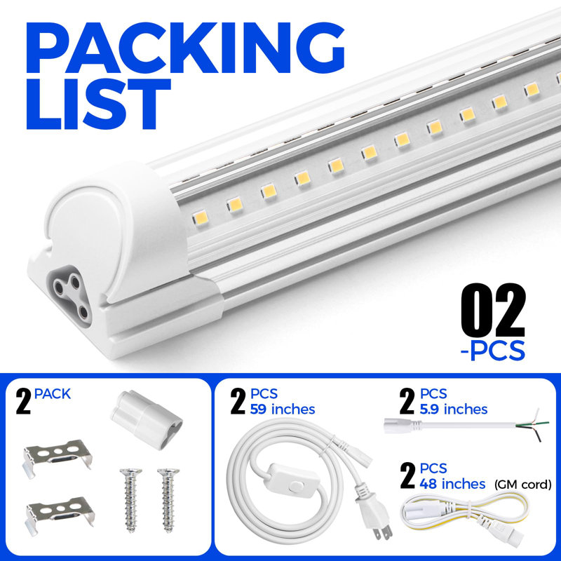 Luminaire à DEL Barrina 2ft, 20w 3000lm 6500k, luminaire à DEL T8, couvercle transparent, plafonnier et lampes tubulaires raccordables utilitaires pour la pièce, le garage, l'établi, l'entrepôt, 2 paquets