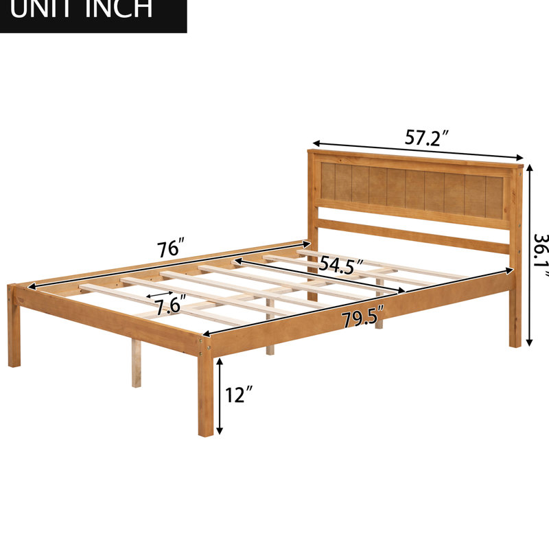 Tête de lit avec structure de lit plateforme complète - support en lattes de bois, sans sommier, chêne et finition solide
