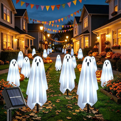 Lot de 6 lampes solaires fantômes à planter pour la décoration extérieure d'Halloween, pour pelouse, tombe, porche, cour, jardin, allée, pour la chasse aux bonbons et les fêtes d'Halloween