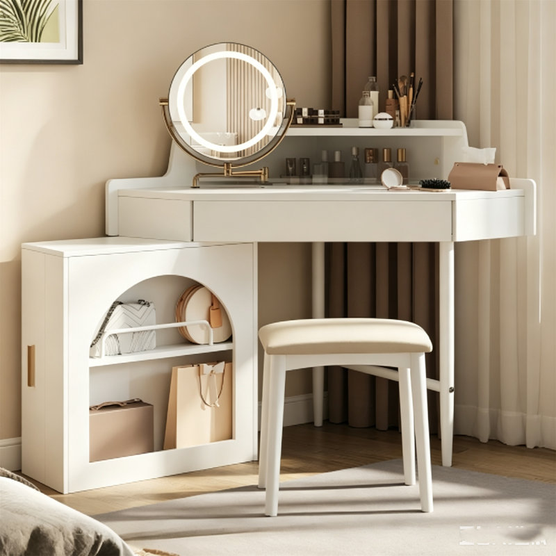 Bureau de coiffeuse de coin blanc avec miroir pliable éclairé à DEL et tabouret, coiffeuse moderne avec luminosité réglable et grand espace de rangement pour les petites chambres