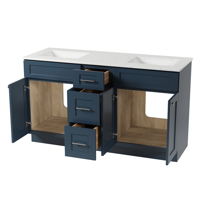 Meuble-lavabo double 61 po avec comptoir en quartz de Carrare, Bleu