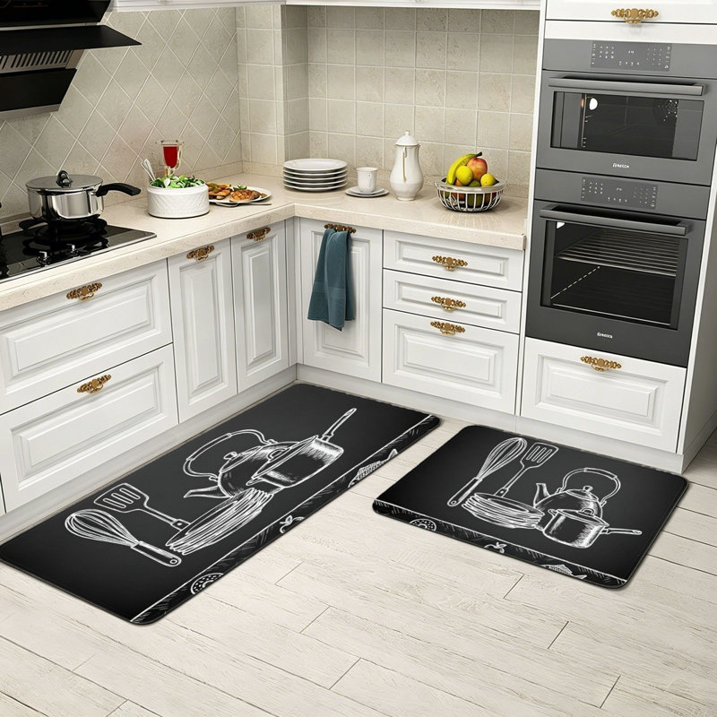 Ensemble de 2 tapis de cuisine noirs avec croquis noir