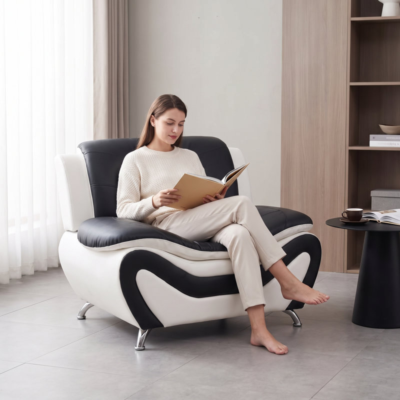 42‘’Black and White Modern Faux Leather Accent Chair，Solid Wood Frame High-Density Memory Foam，Tufted Upholstered Armchair