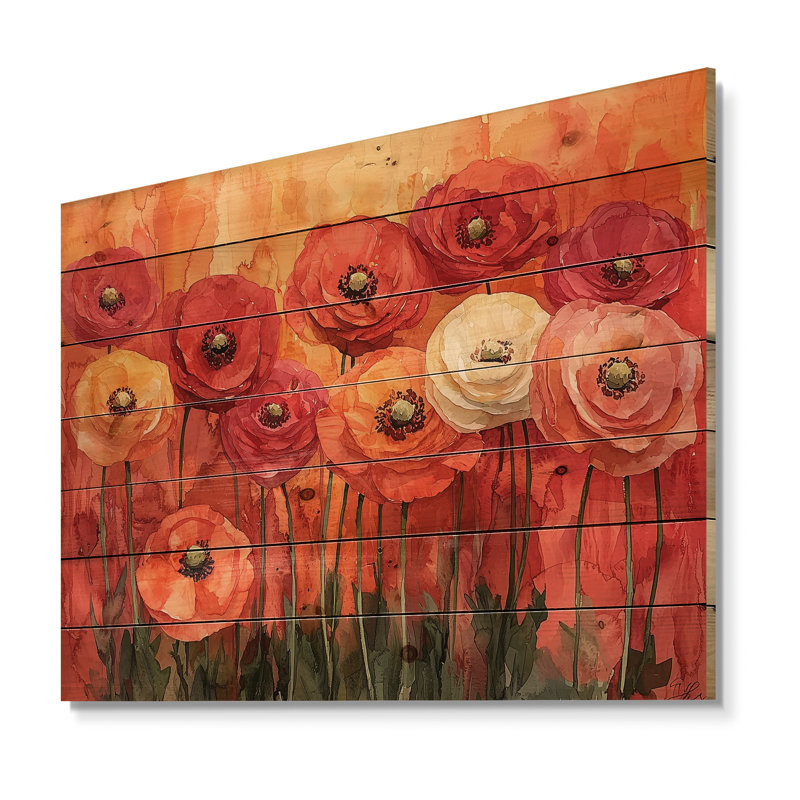 Vivid Sunset Ranunculus Flowers In Autumn II - Ranunculus Wood Wall Decor - On Natural Pine Wood, 30" H x 40" W x 0.78" D