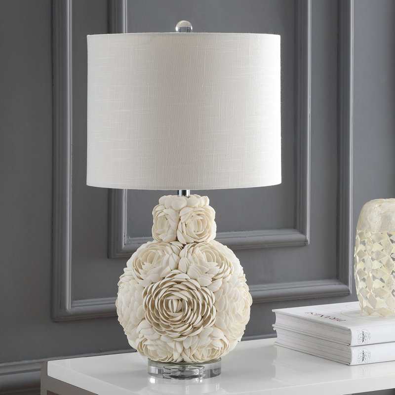 White Seashell Rosette Table Lamp with Cotton Shade
