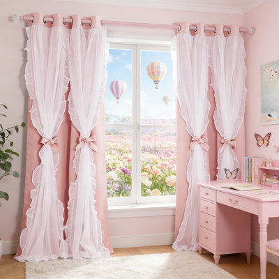 Double Layer Bow Curtains With Ruffle Sheer Overlay, Shabby Chic Room Darkening Drapes For Bedroom And Living Room, Blackout And Privacy Window Treatments