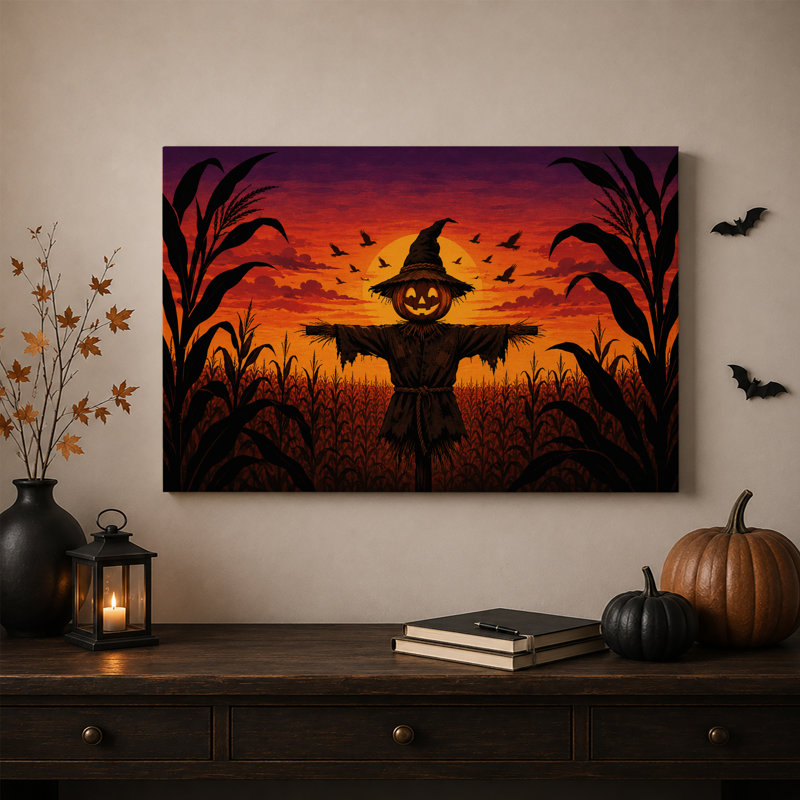 Épouvantail citrouille dans un champ de maïs au coucher du soleil - Toile murale d'Halloween, H 16 po x l 24 po