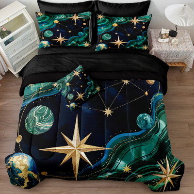 Green Sun and Moon Comforter Queen Size 8 Pcs Bed in A Bag Universe Planet Comforter Set Celestial Bedding Set